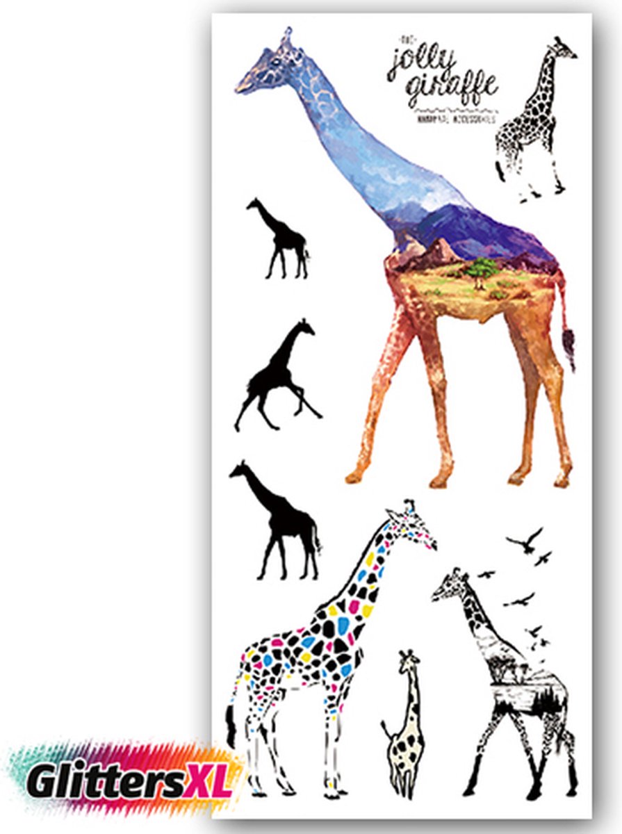 GlittersXL - Temporary Tattoo Giraffe (19x9 cm) [Neptattoo - Tijdelijke tatoeage - Nep Fake Tattoos - Water overdraagbare festival sticker henna outfit tattoo - Glitter tattoo - Volwassenen Kinderen Jongen Meisje]